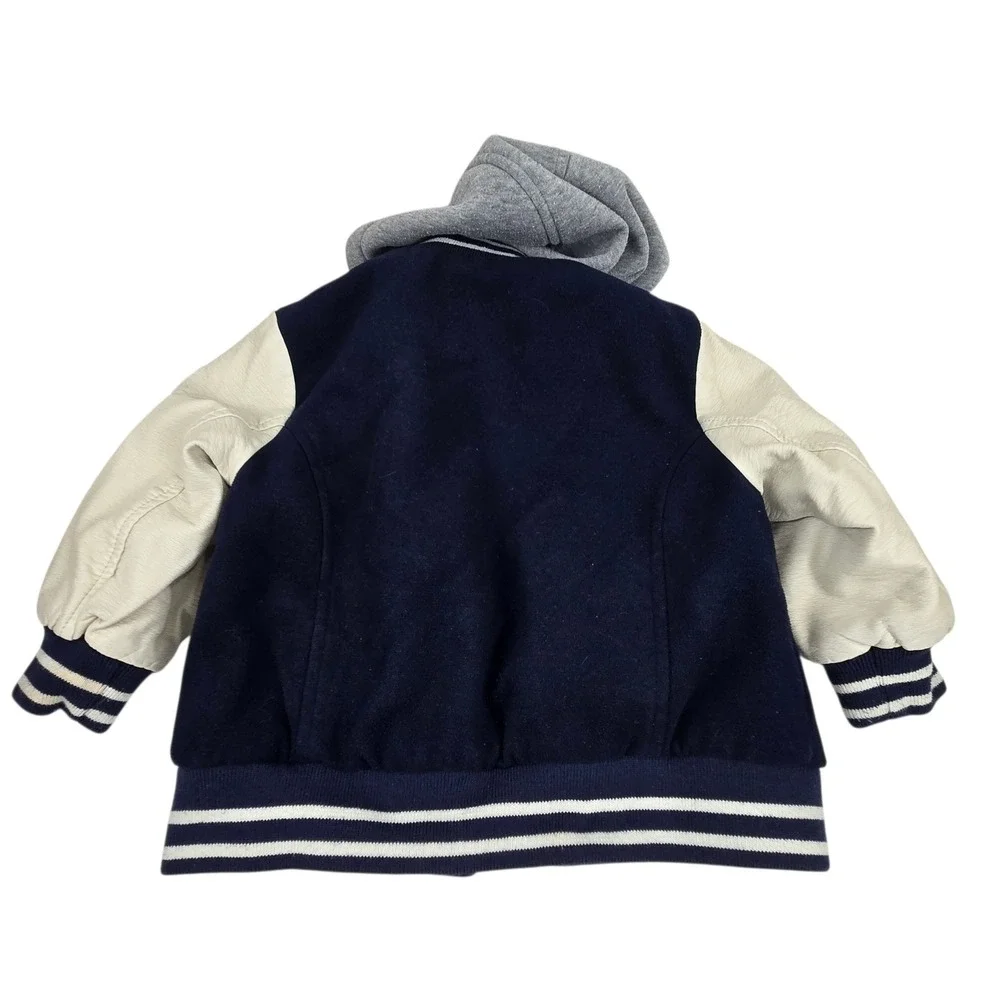 OshKosh Bgosh Boys 2T Varsity Jacket Navy Blue Faux Leather Sleeve Hooded Zip Up